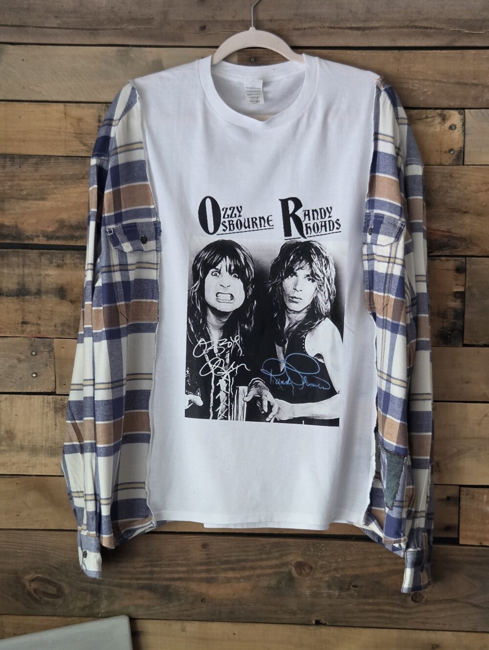 Upcycled Ozzy Osbourne & Randy Rhoads Graphic Tee with Plaid Overshirt
